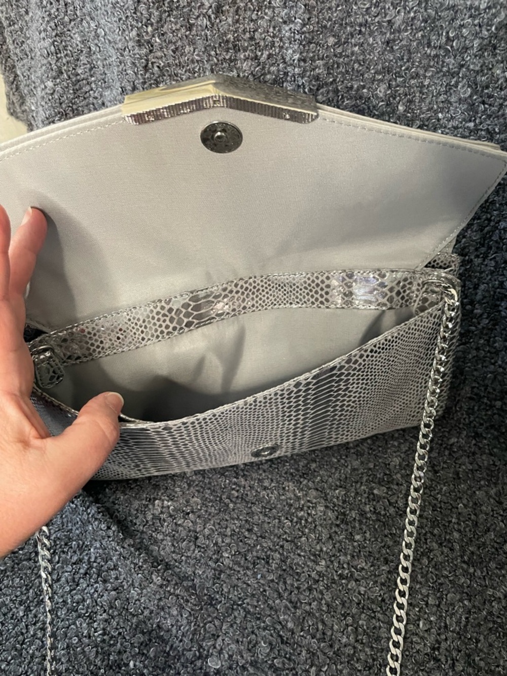 White House Black Market Metallic Snake-Embossed Envelope Crossbody Clutch - Picture 6 of 9